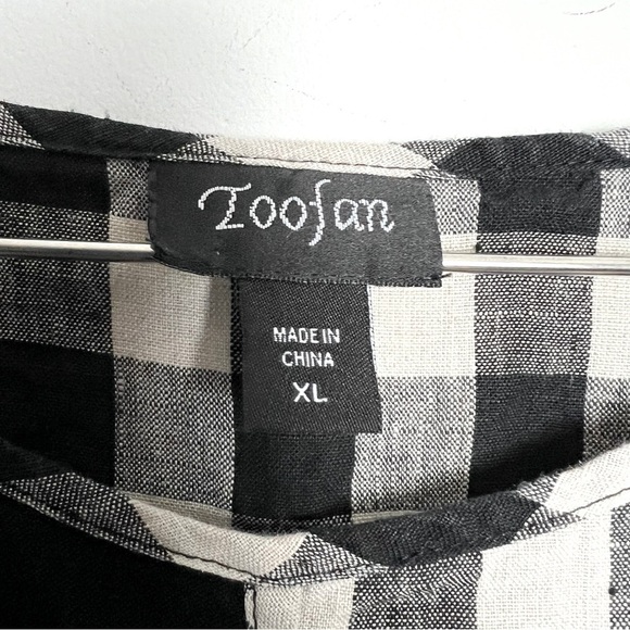 Toofan 100% Linen Black and Natural Checkered Block Print Lagenlook Artsy Top - Picture 3 of 11